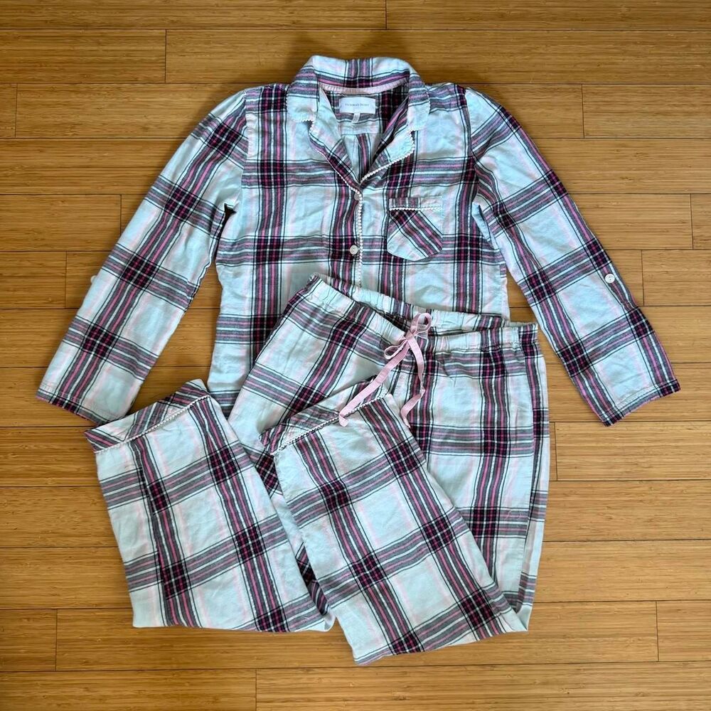 Victoria’s Secret Plaid Pajama Set Medium Tall Long Cotton Silver